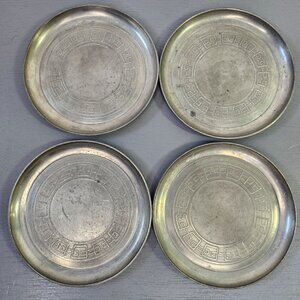 Set Of 4 Vintage Pewter Coasters With Greek Key Design